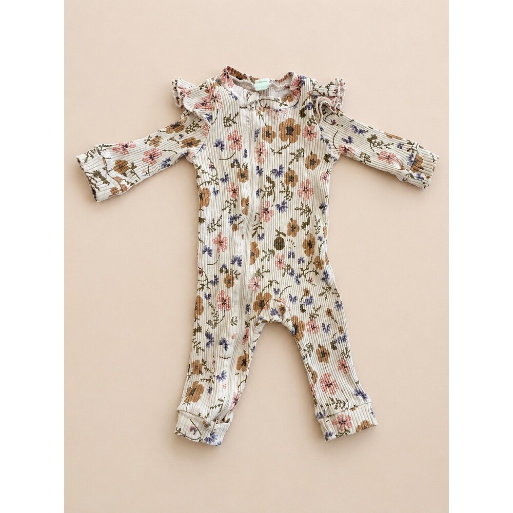 Boutique Ribbed Floral Ruffle Zip Romper Baby Girl 3-6 Months Boho Neutral